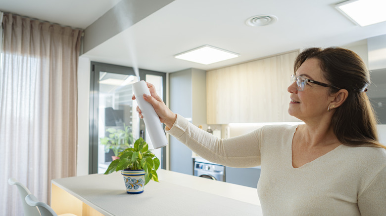 Woman spraying insecticide inside home