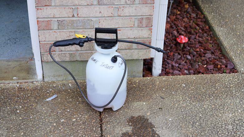 A white insecticide sprayer on the ground outside a house