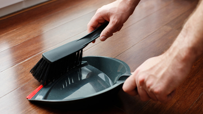 Close-up of a person sweeping with a dustpan