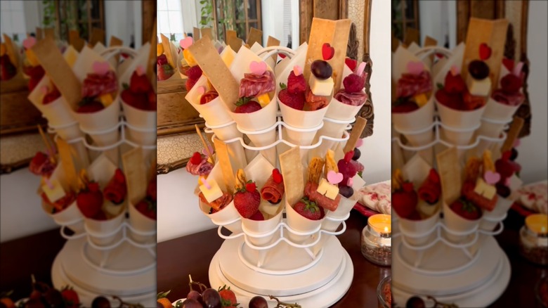Cone charcuterie meals stored in a spinning coffee pod holder