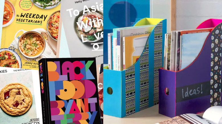 Colorful magazine files holding cookbooks.