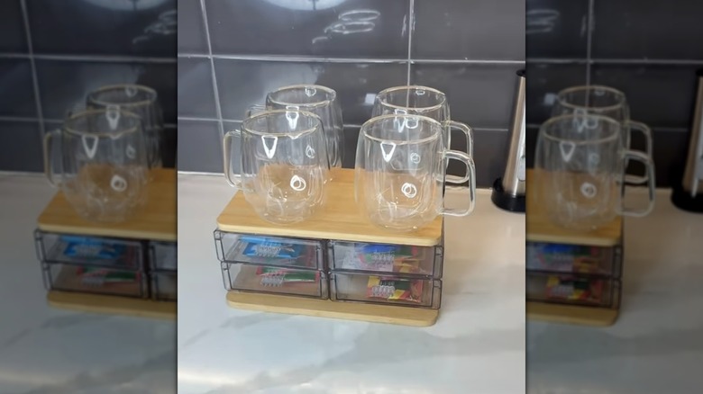 Countertop organizer made from Dollar Tree cutting boards and plastic drawers.