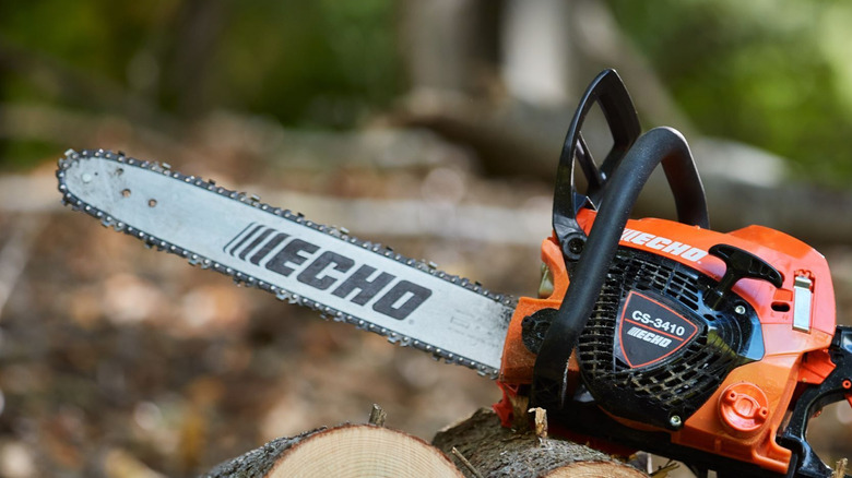 Echo CS-3410 gas chainsaw on top of a pile of cut logs