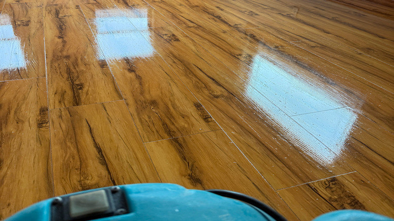 Close-up of high gloss hardwood floors.