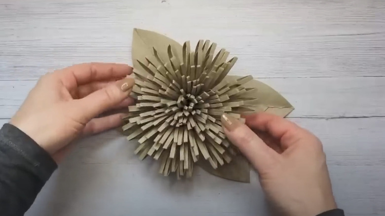 Fall Marigold flower made out of toilet paper rolls
