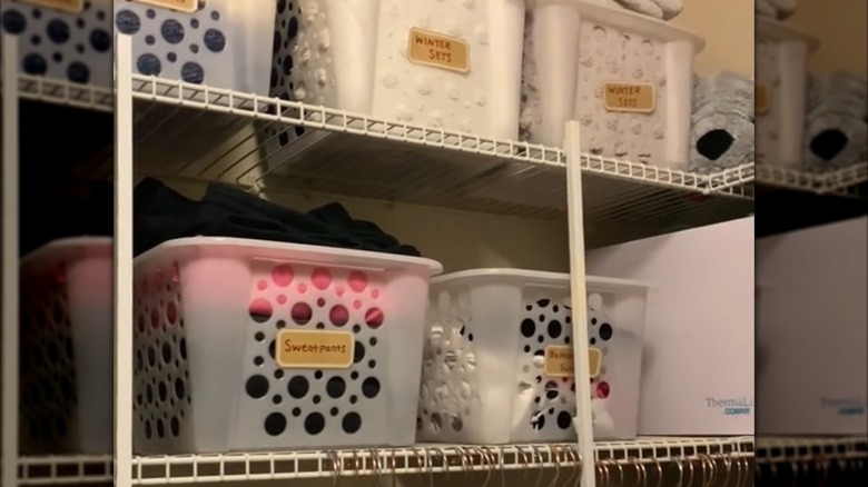 White plastic storage bins from Dollar Tree with labels for closet organization