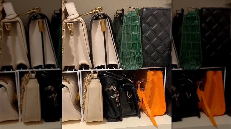 Purses and bags organized on stackable wire shelves from Dollar Tree
