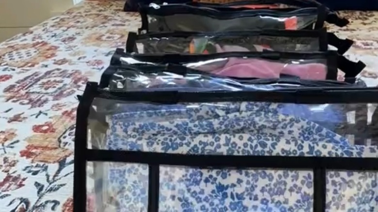 Swimsuits packed in clear cosmetic bags for easy strorage