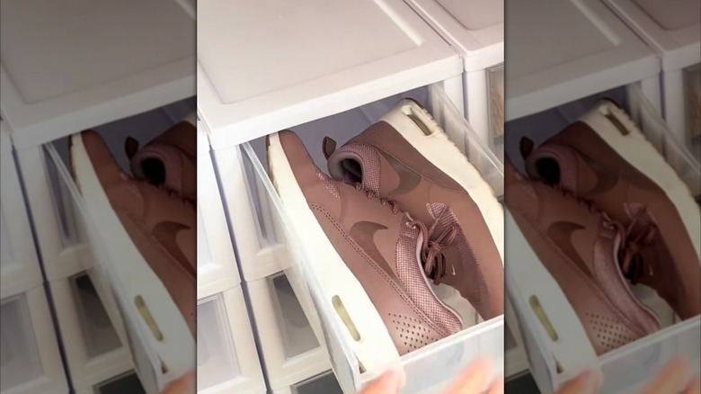Pair of sneakers stored in small plastic organizer