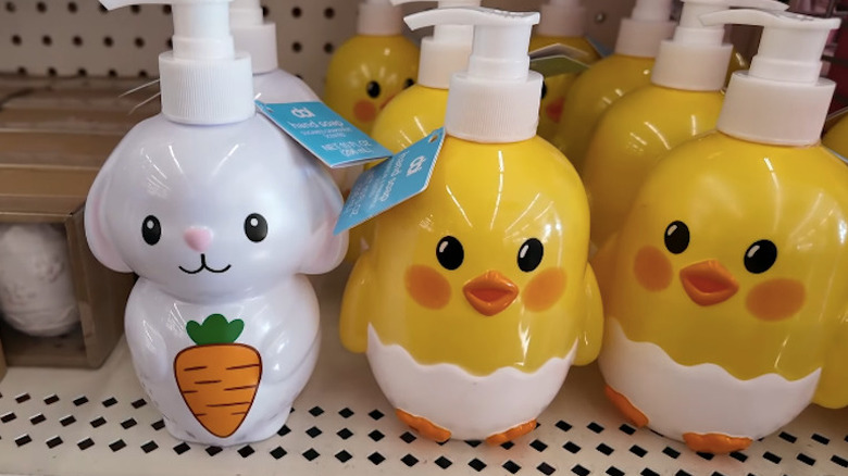 Close up of Dollar Tree Easter themed hand soaps on store shelf