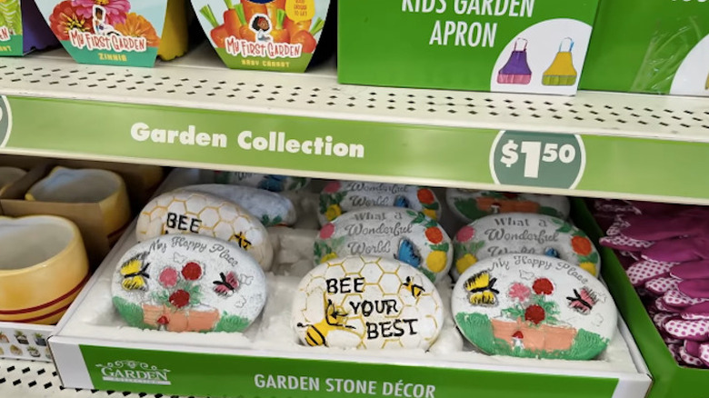 Close up of Dollar Tree decorative garden stones on store shelf