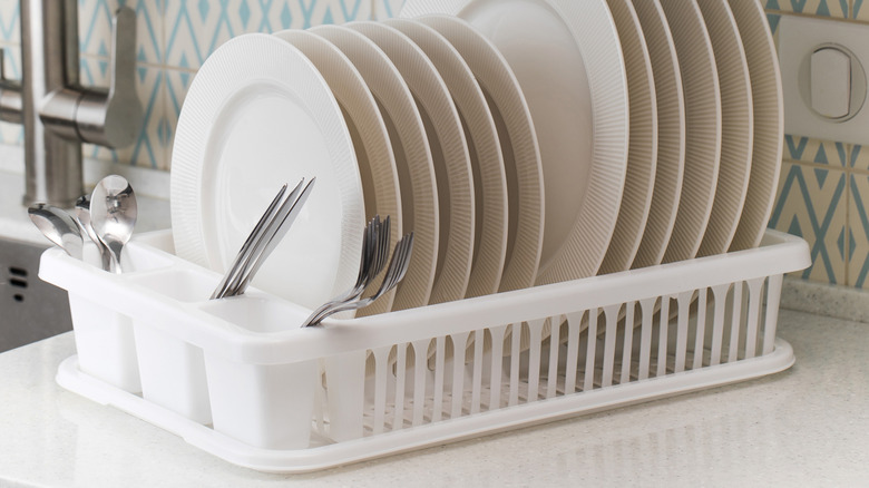 dishes in a dish drying rack