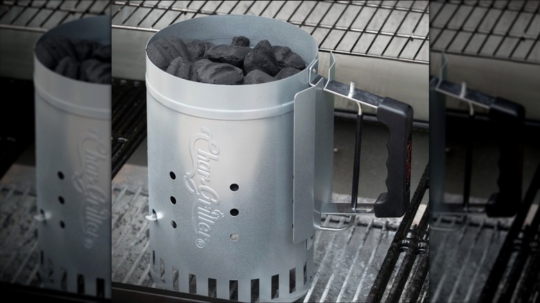 Char-Griller Trigger Quick Release Chimney Starter with Heat Shield with charcoal