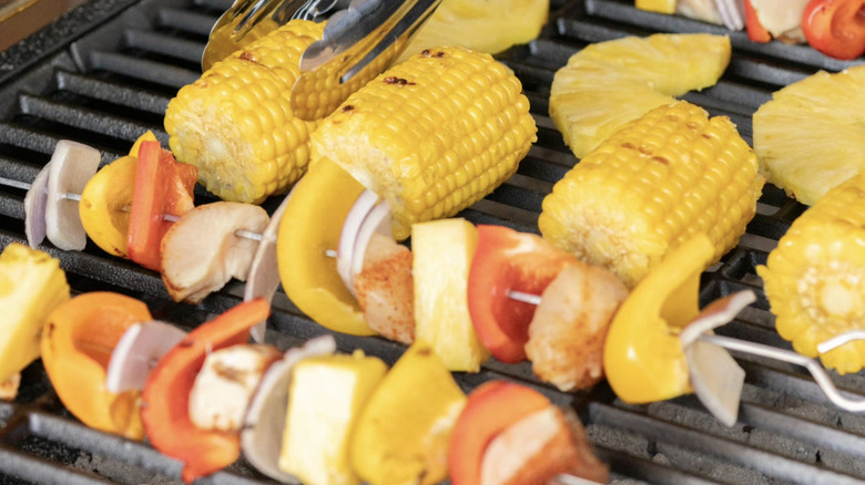 Expert Grill Stainless Steel Barbecue Skewers on a grill with veggies