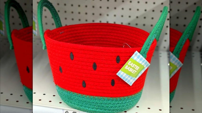 A small, woven watermelon print basket