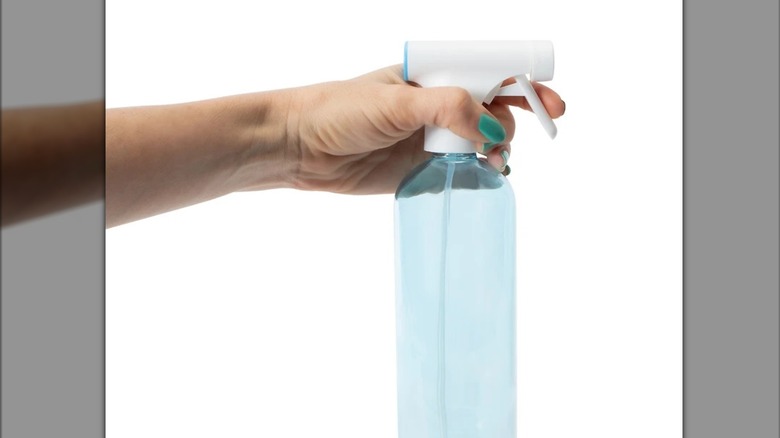 A hand with aqua nails holding a blue glass spray bottle