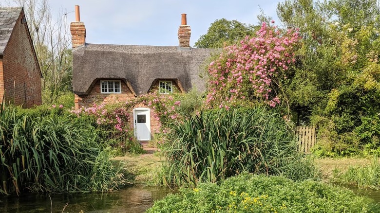 Thatched Airbnb cottage with country garden and river in front