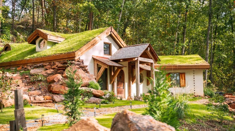Rustic Airbnb home with grass roof and rock wall
