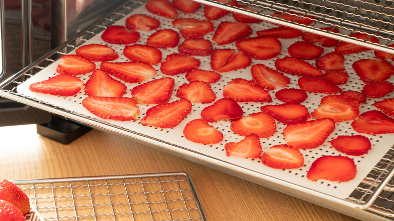 Strawberry slices on a dehydrator tray