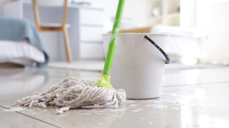 Wet mop and a bucket on the floor in a room