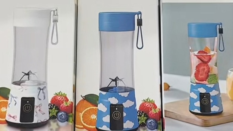 Different portable blenders from Five Below on a shelf in the store