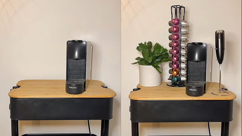 Split image of IKEA RASKOG cart with coffee bar essentials