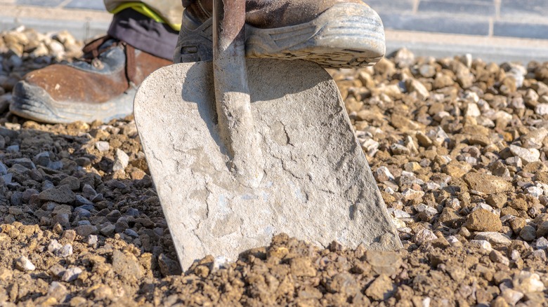 Person digging up rocks from a landscaped area with a shovel