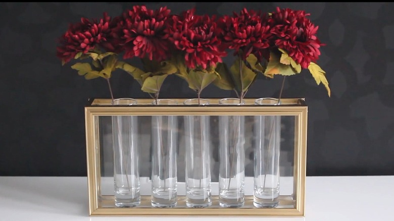 Red flowers in DIY framed propagation station