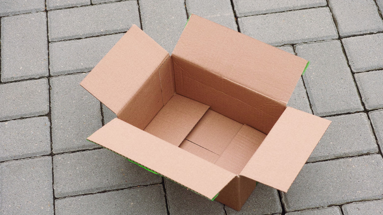 An empty box sitting on concrete pavers.