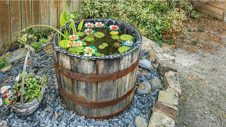 Wine barrel converted into garden pond