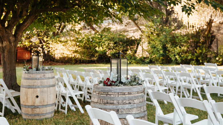Wine barrels as outdoor wedding reception decor