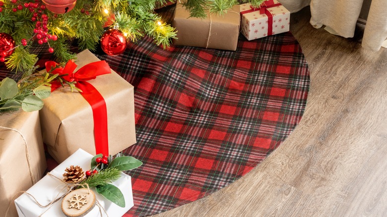 Presents on Christmas tree skirt