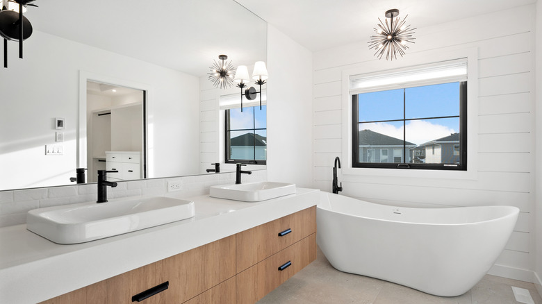 Bathroom with a large mirror