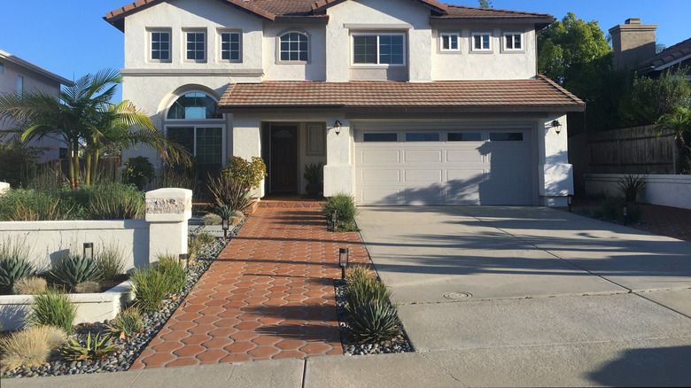 Succulent plants and rocks form a driveway border.