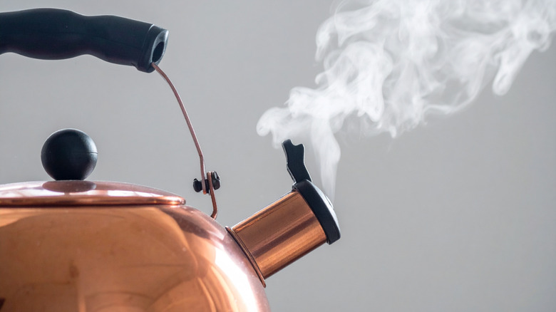 A copper kettle boiling with steam coming out of the spout