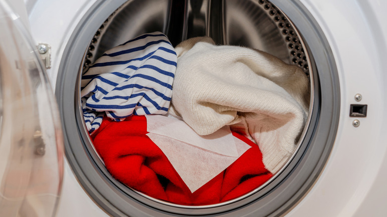 Bright red sweater in washing machine