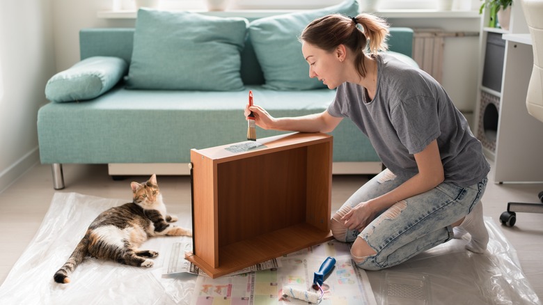 young woman painting wooden drawer