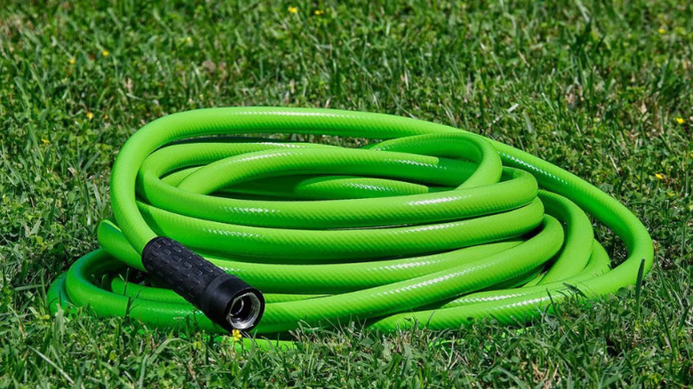 Niagara's 50 foot x ⅝ inch Premium Ultraflexible Kink-Free Garden Hose coiled on a lawn