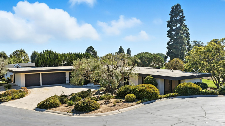 Mid-century modern home with flat roof and surrounding garden