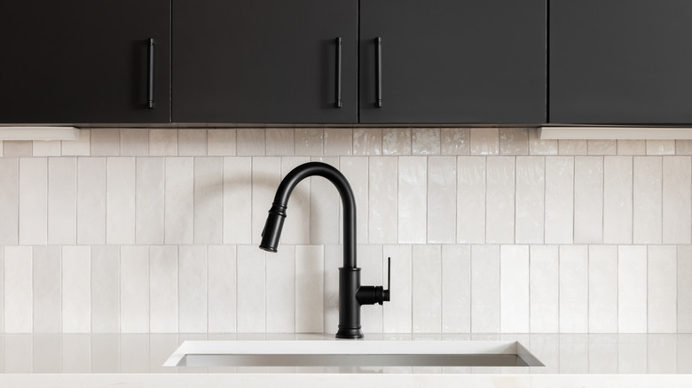 A black kitchen faucet and black cabinets