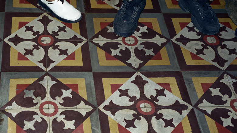 A close up of colorful, patterned tile