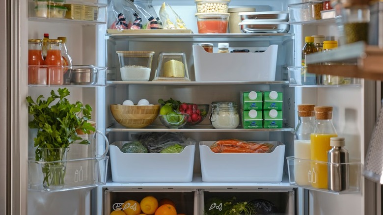 Open, full fridge with variety of IKEA organizers and containers inside