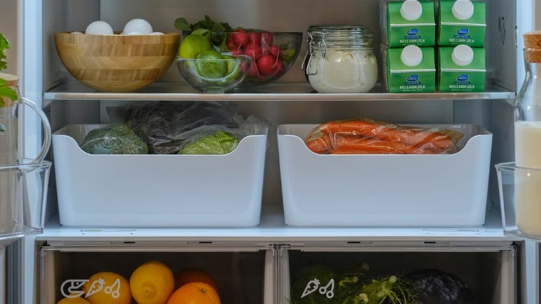 UPPDATERA Box holding bags of vegetables in fridge