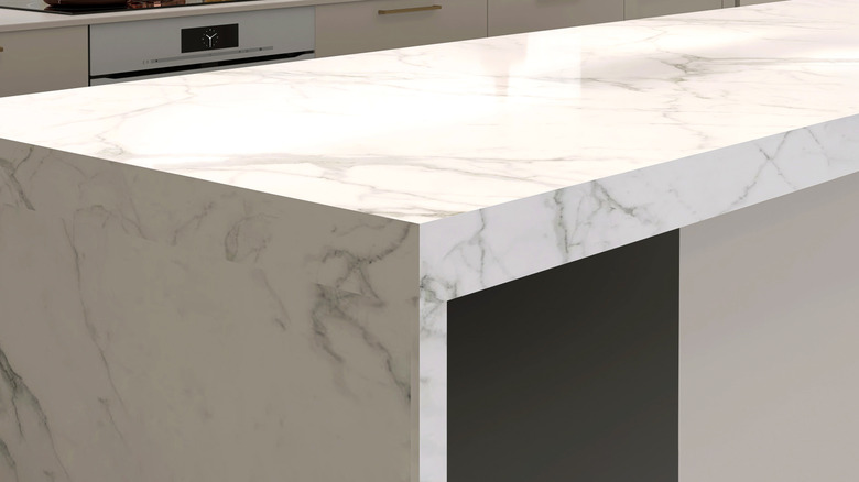 Very thick white marble countertop in kitchen
