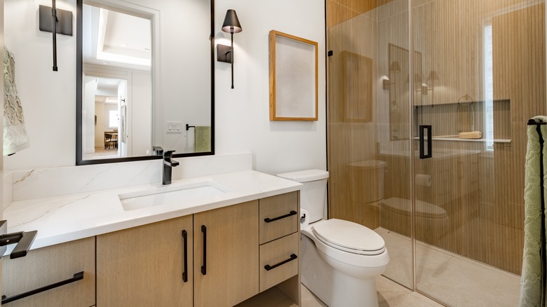White marble countertop in a neutral bathroom