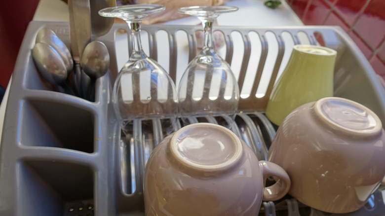 Dish drying rack on a draining board