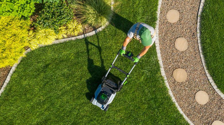 Bird's eye view of a man using a lawnmower