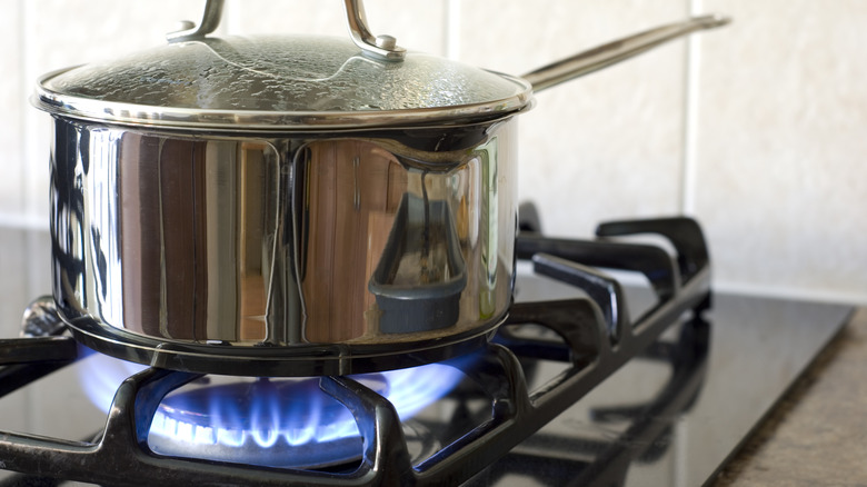 A stainless steel saucepan on a gas stove top burner with a blue flame.