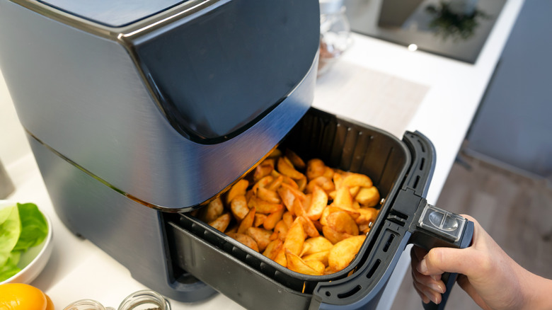 A person opening the air fryer basket that has fries inside.