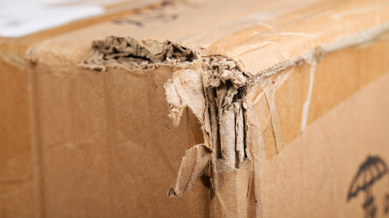 A torn cardboard box shows damage incurred during delivery